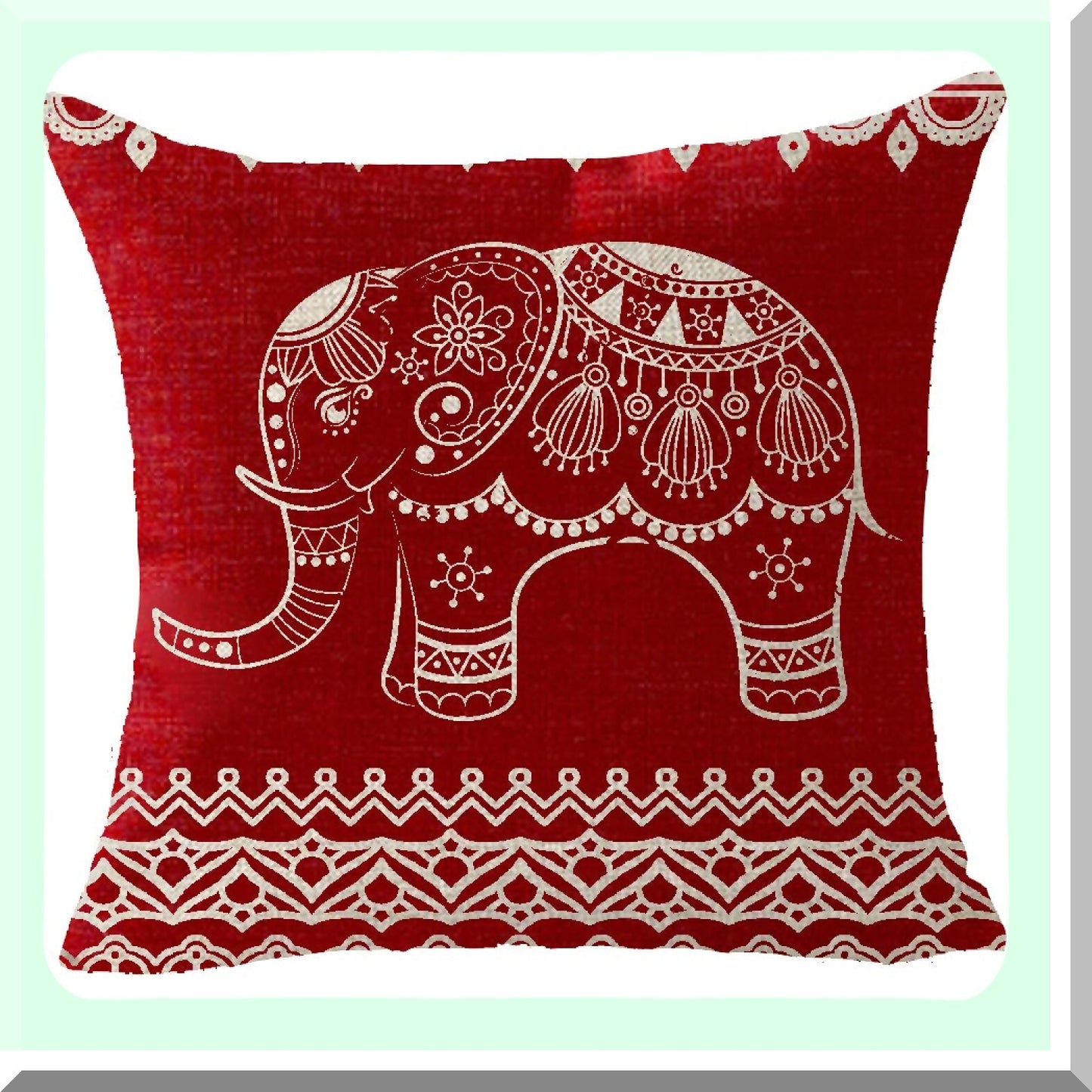 Bohemia Elephant Retro Red Throw Pillow Cover - Ethnic Style Animal Pattern Cushion Case - Cotton Linen Decorative 18X18 inches