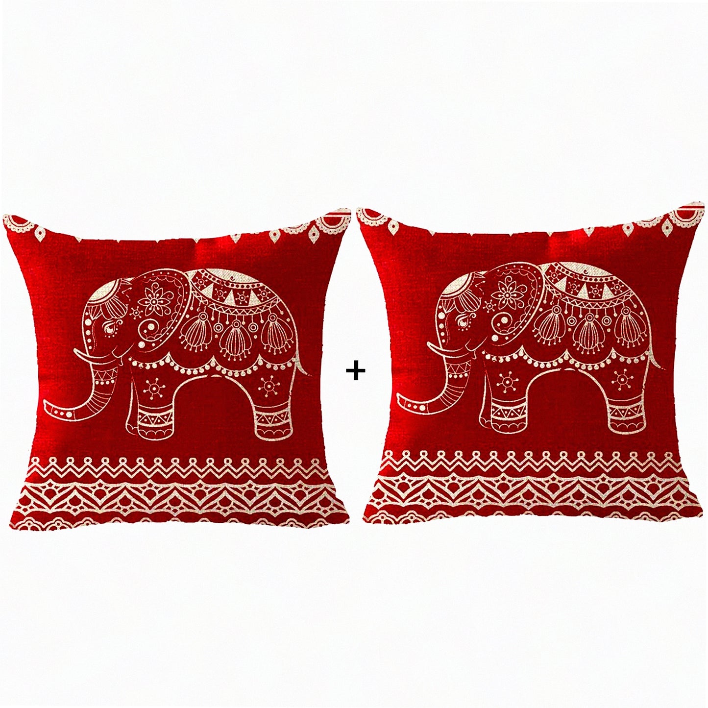 Bohemia Elephant Retro Red Throw Pillow Cover - Ethnic Style Animal Pattern Cushion Case - Cotton Linen Decorative 18X18 inches