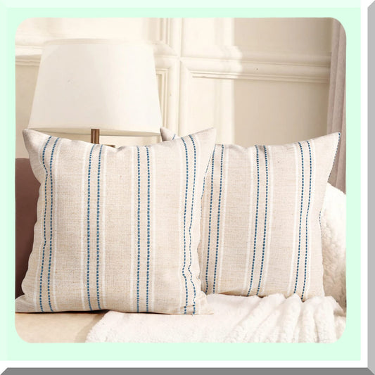 Boho Farmhouse Linen Stripe Pillow Covers - Set of 2 Beige & Navy Blue Throw Pillow Cases for Sofa Couch - Decorative Textured Cushion Cover