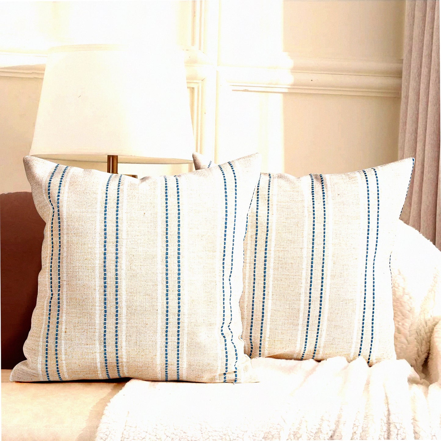 Boho Farmhouse Linen Stripe Pillow Covers - Set of 2 Beige & Navy Blue Throw Pillow Cases for Sofa Couch - Decorative Textured Cushion Cover
