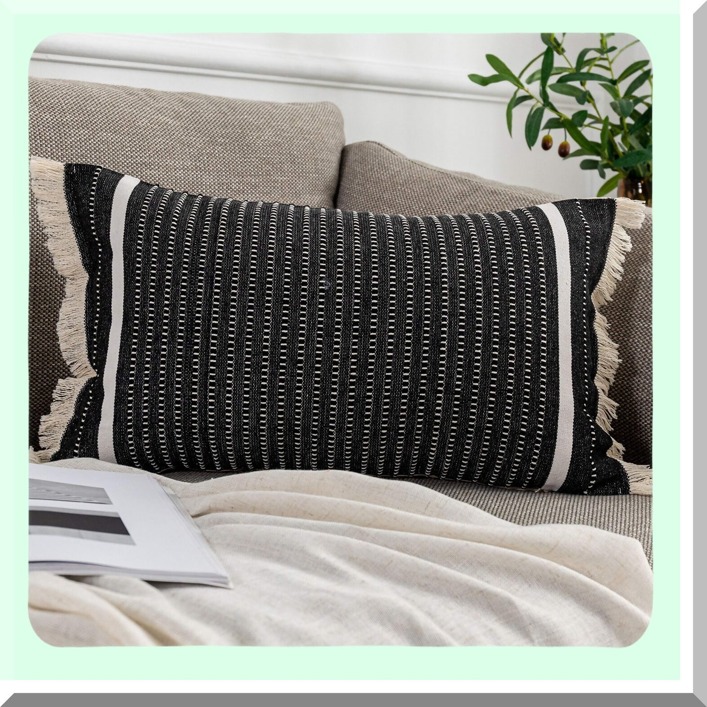 Farmhouse Fringe Tassel Pillow Cover - Decorative Woven Liana Cushion Case for Sofa Chair Couch Bed - Modern Lumbar Throw Pillowcase - Black 12 x 20 Inches