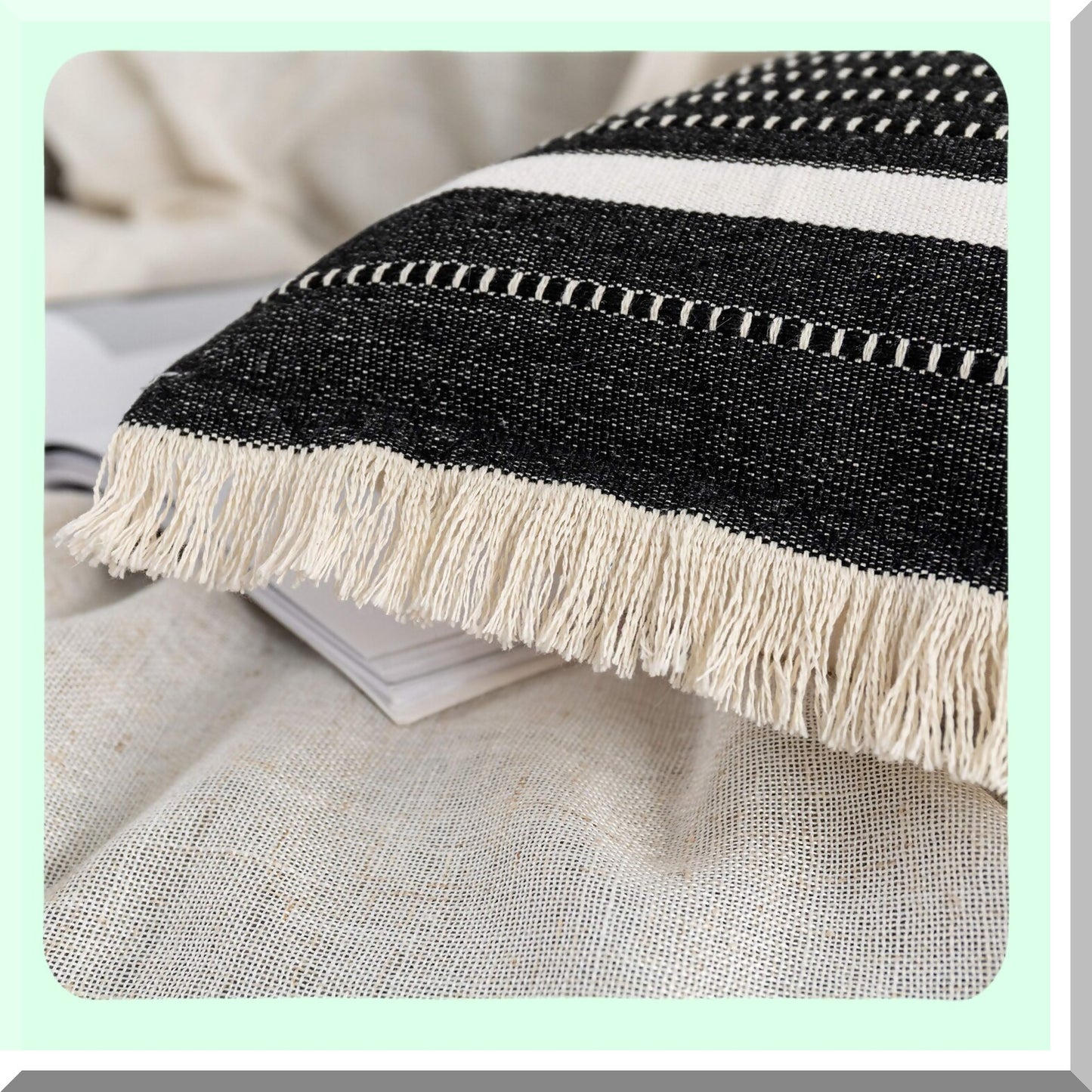 Farmhouse Fringe Tassel Pillow Cover - Decorative Woven Liana Cushion Case for Sofa Chair Couch Bed - Modern Lumbar Throw Pillowcase - Black 12 x 20 Inches