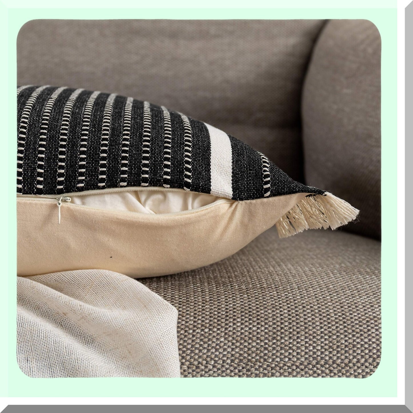 Farmhouse Fringe Tassel Pillow Cover - Decorative Woven Liana Cushion Case for Sofa Chair Couch Bed - Modern Lumbar Throw Pillowcase - Black 12 x 20 Inches