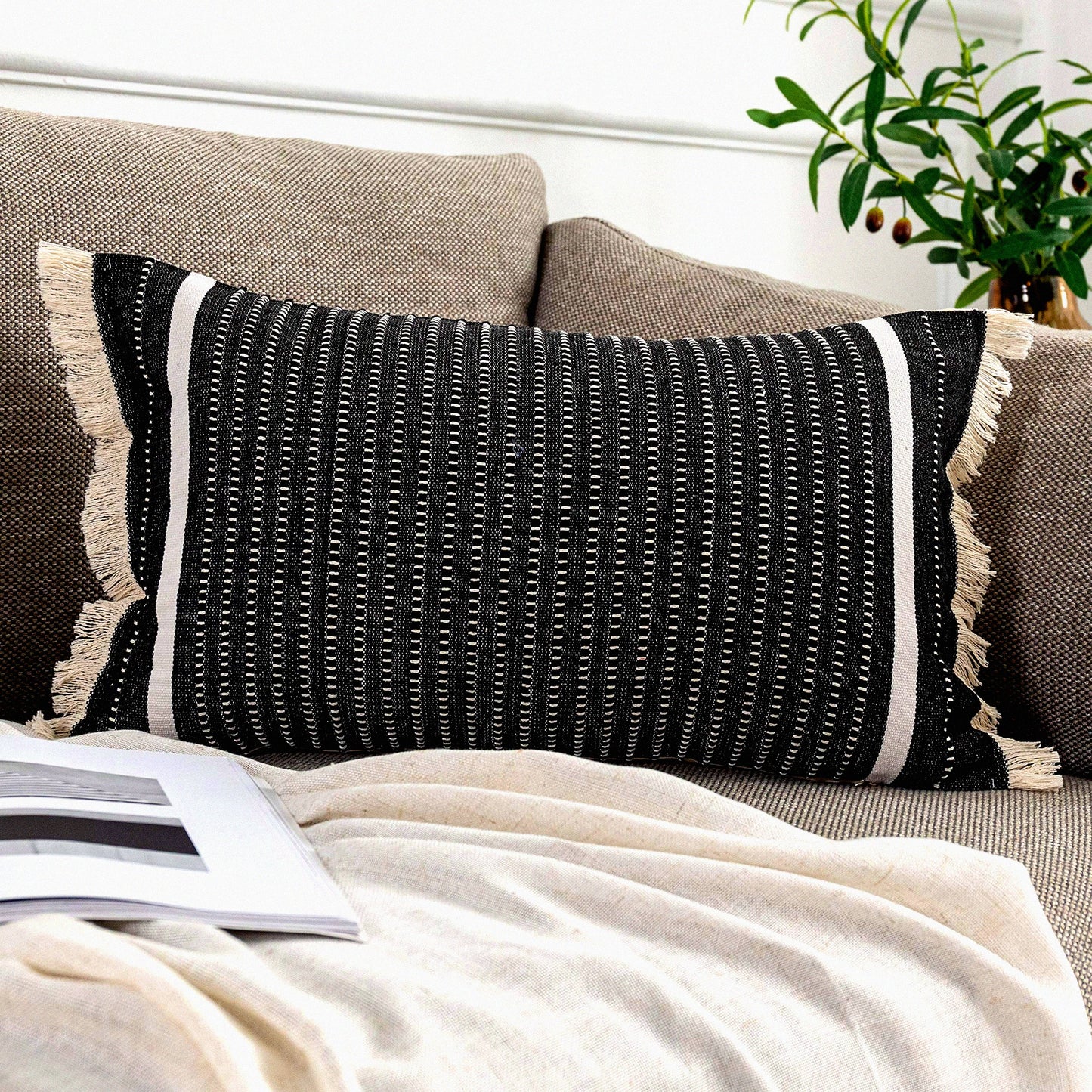 Farmhouse Fringe Tassel Pillow Cover - Decorative Woven Liana Cushion Case for Sofa Chair Couch Bed - Modern Lumbar Throw Pillowcase - Black 12 x 20 Inches