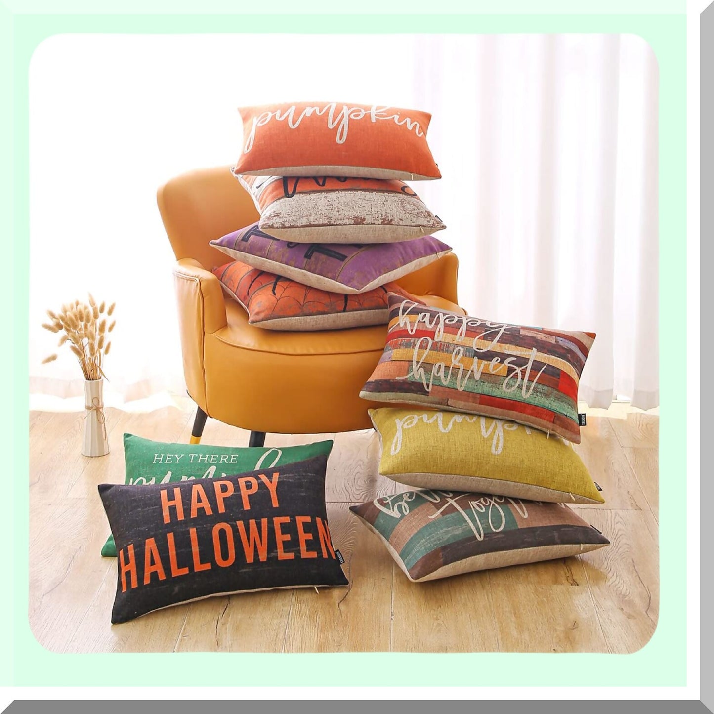 Thankful Harvest Pillow Covers - Fall Decorative Throw Cushion Case - Thanksgiving Orange Sofa Pillowcase - 18x18 Inch Square PL937TR