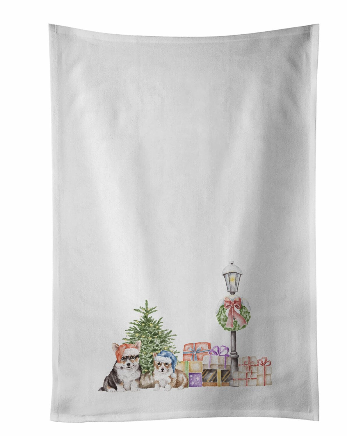 White Kitchen Towel Set of 2 with Corgi Artwork
