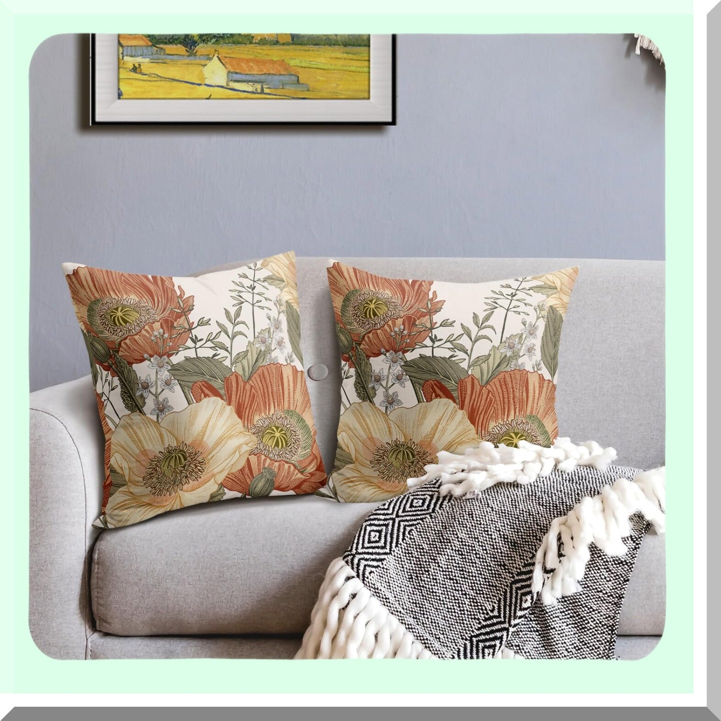 Rustic Floral Pillow Covers Set - Vintage Flowers 16x16 Inch - Yellow Orange Leaves Decorative Throw Pillows - Couch Sofa Bed Porch Living Room Outdoor Home Decor - Square Rust Pillow Cases