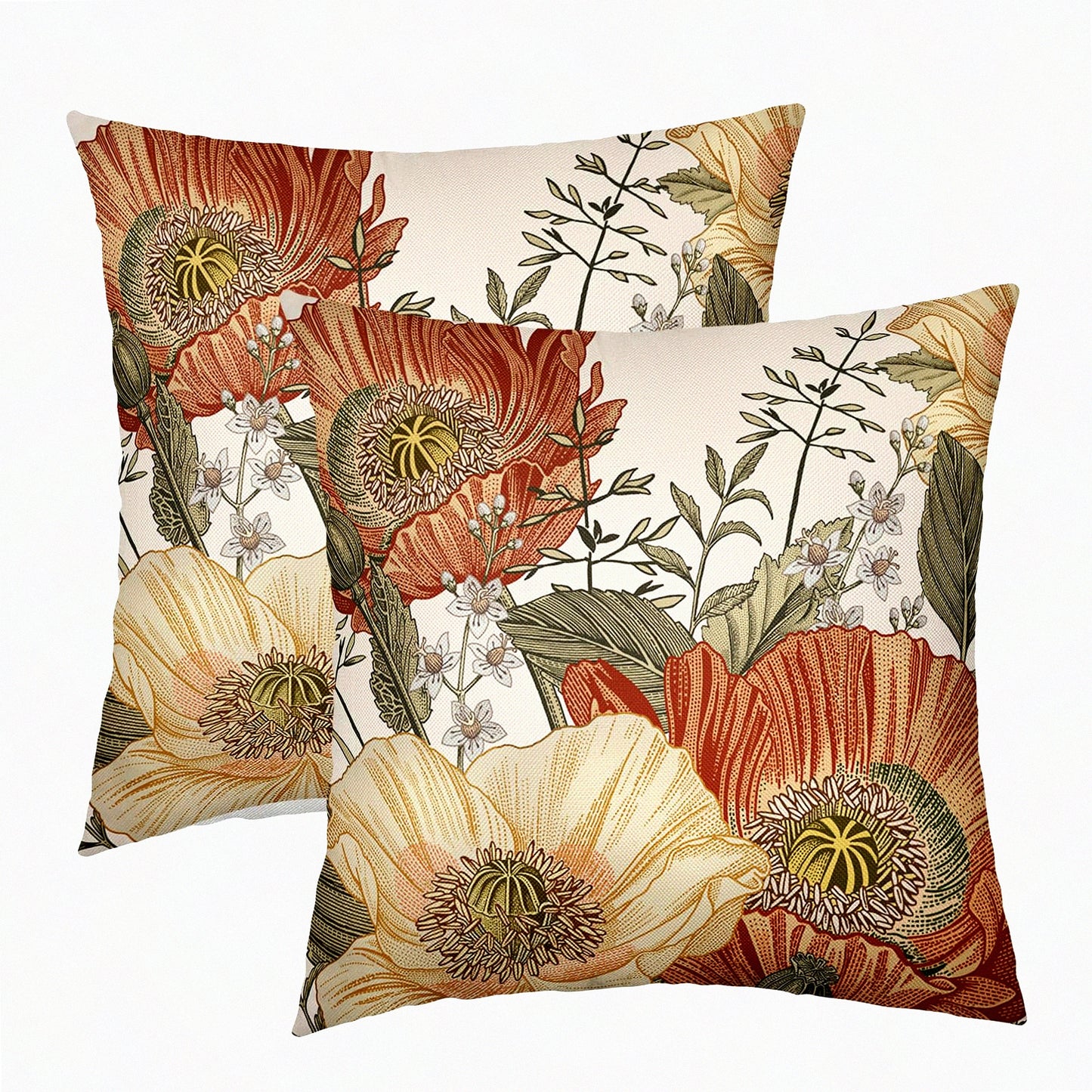 Rustic Floral Pillow Covers Set - Vintage Flowers 16x16 Inch - Yellow Orange Leaves Decorative Throw Pillows - Couch Sofa Bed Porch Living Room Outdoor Home Decor - Square Rust Pillow Cases
