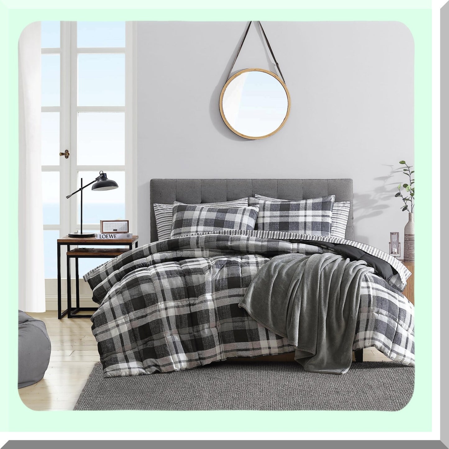 Plaid Charcoal Reversible Queen Comforter Set - Microsuede Bedding with Matching Sham(s) for Casual Home Decor - Crossview Style