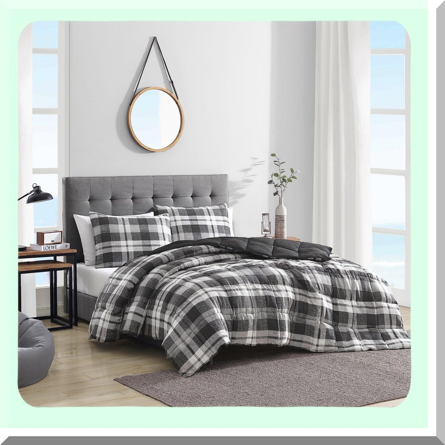 Plaid Charcoal Reversible Queen Comforter Set - Microsuede Bedding with Matching Sham(s) for Casual Home Decor - Crossview Style