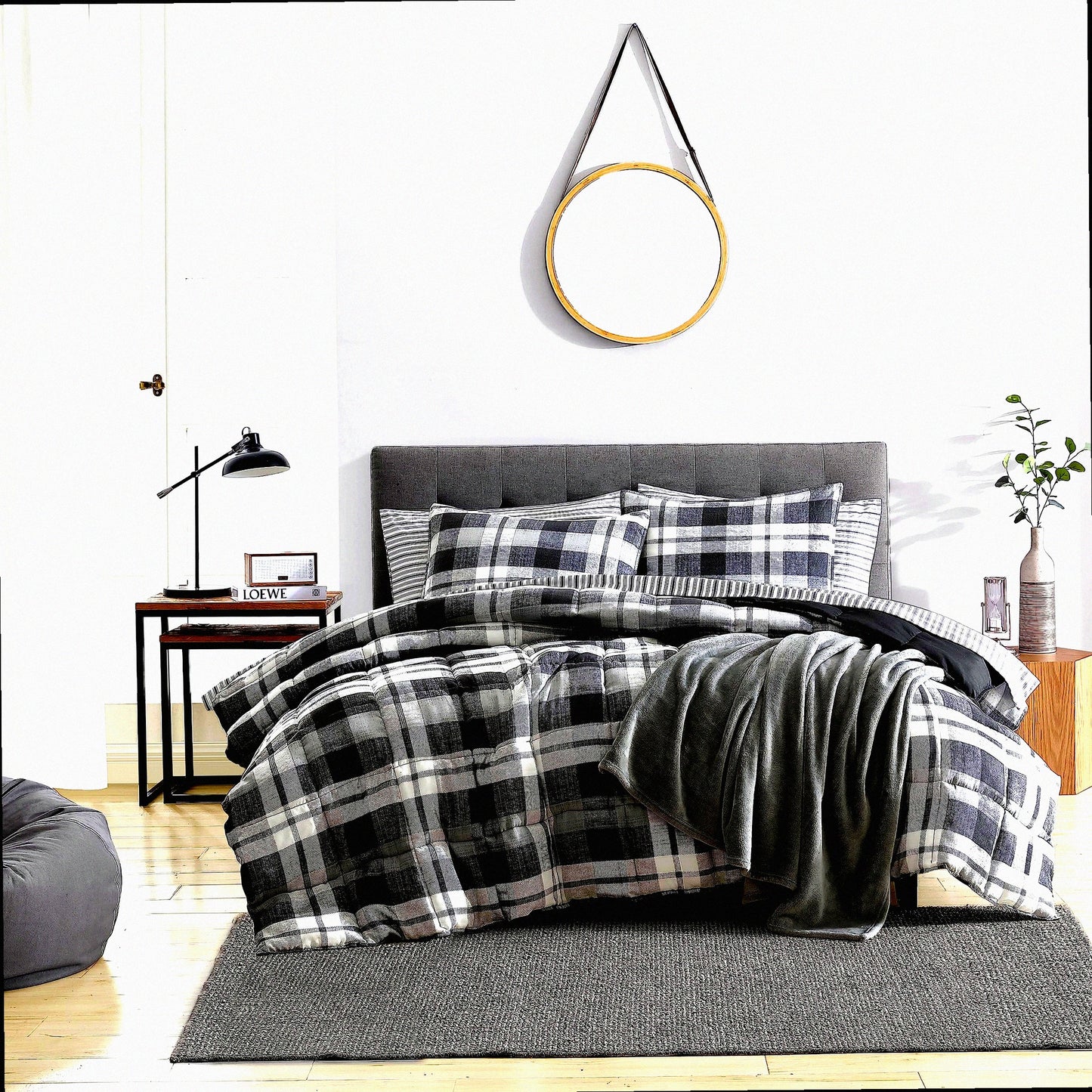 Plaid Charcoal Reversible Queen Comforter Set - Microsuede Bedding with Matching Sham(s) for Casual Home Decor - Crossview Style