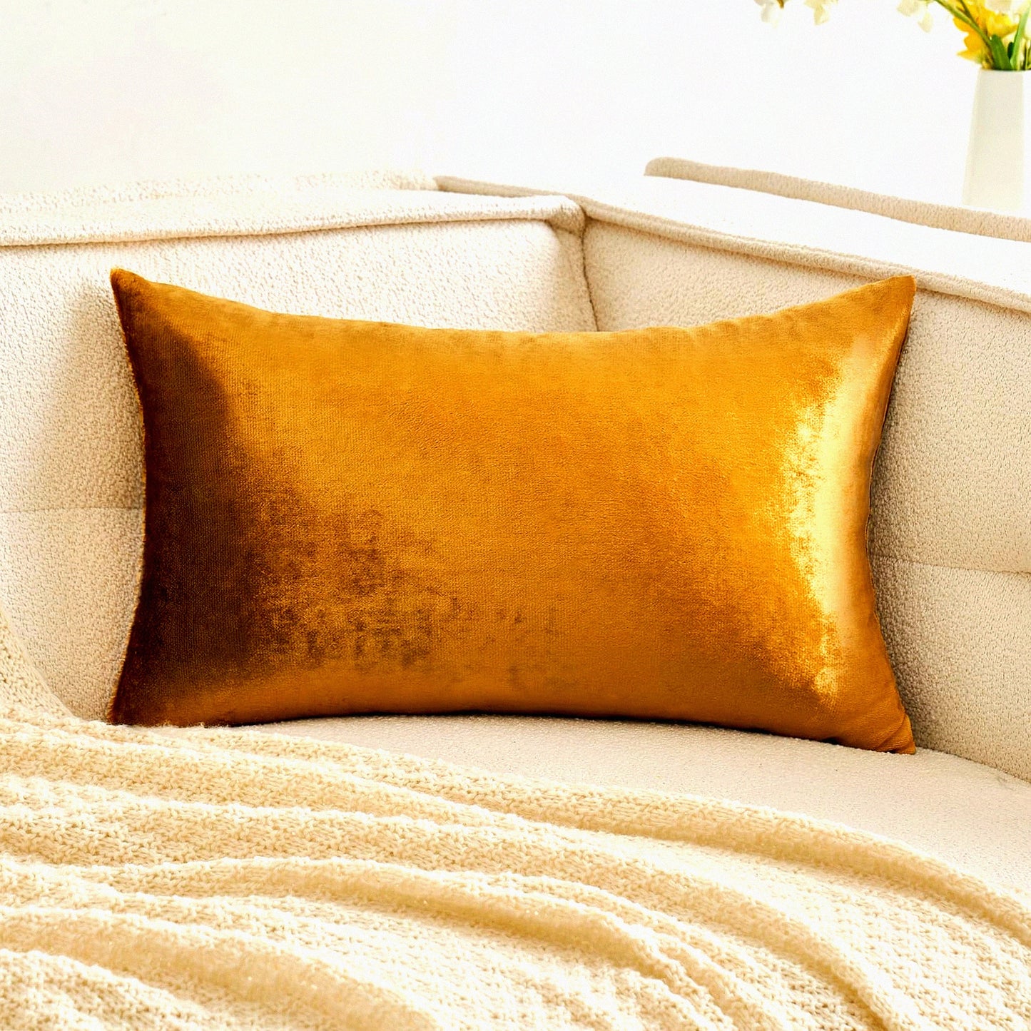 Luxury Velvet Lumbar Pillow Cover - Dark Gold Decorative Cushion Case for Couch Sofa & Bedroom - Soft 12x20 Inch Home Decor Accent