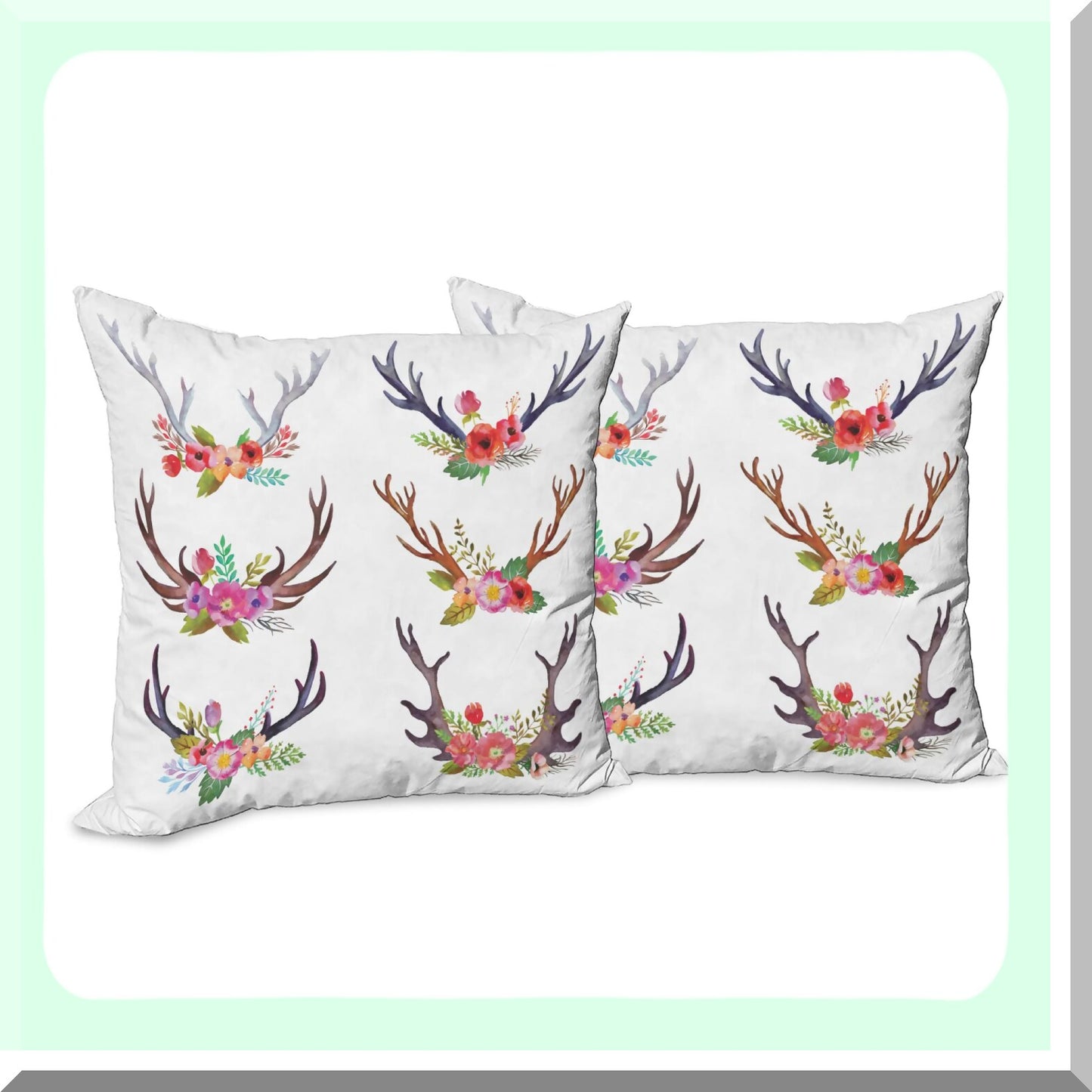 Springtime Antlers Decor Pillow Set - Deer Horns Bouquet Cushion Covers (Pack of 2) - Garden Branches Art Print - Zippered Double-Side Digital - 18" White Mauve