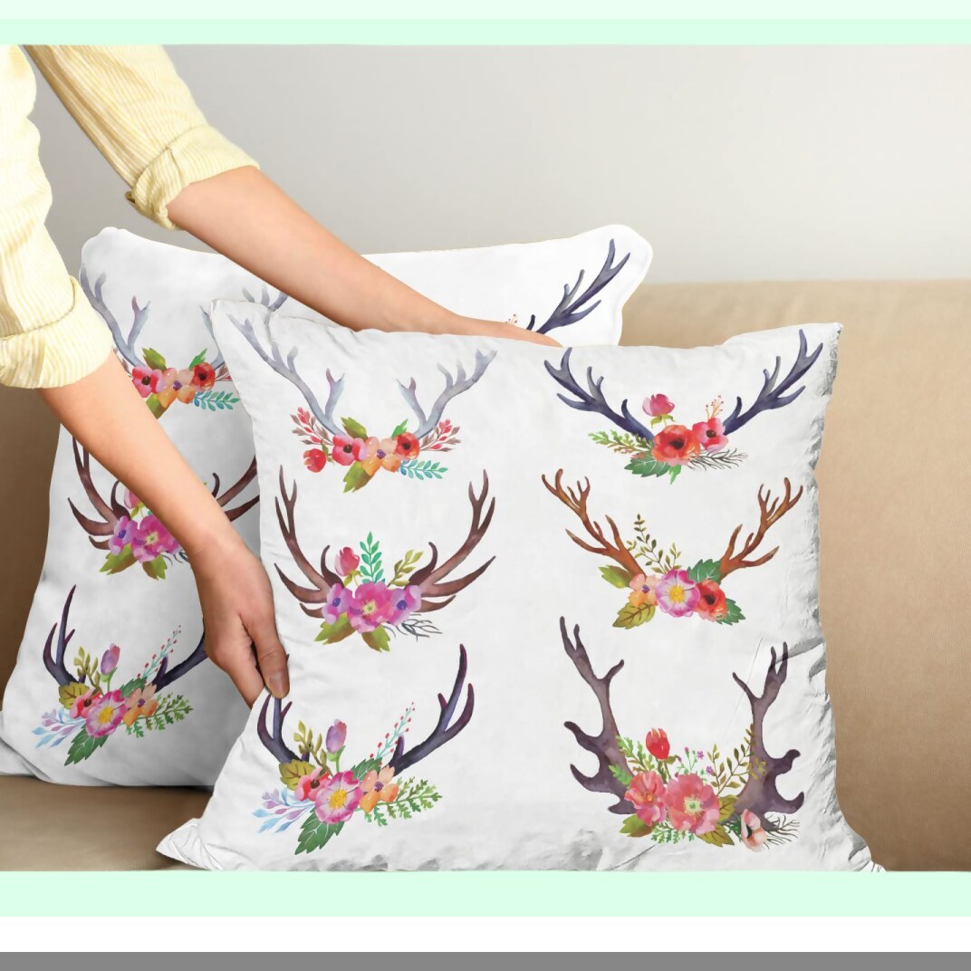 Springtime Antlers Decor Pillow Set - Deer Horns Bouquet Cushion Covers (Pack of 2) - Garden Branches Art Print - Zippered Double-Side Digital - 18" White Mauve