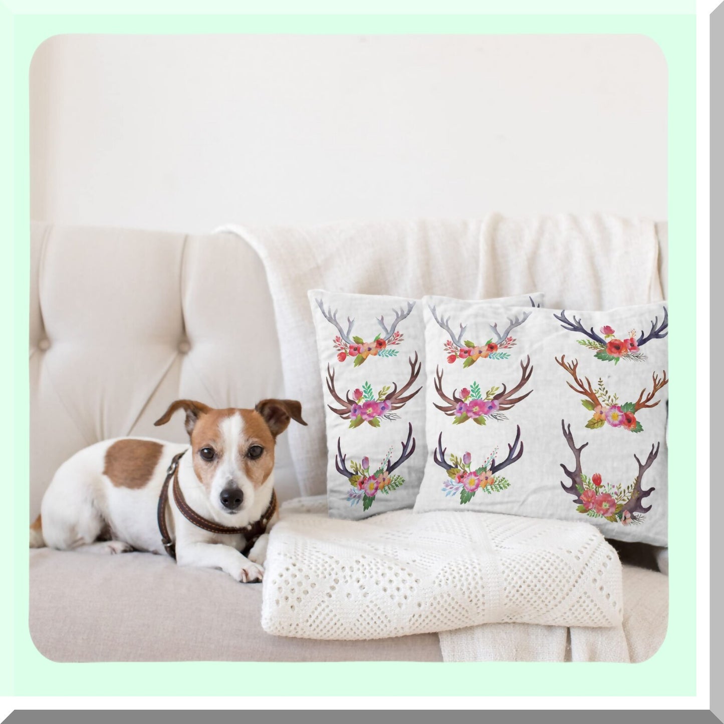 Springtime Antlers Decor Pillow Set - Deer Horns Bouquet Cushion Covers (Pack of 2) - Garden Branches Art Print - Zippered Double-Side Digital - 18" White Mauve
