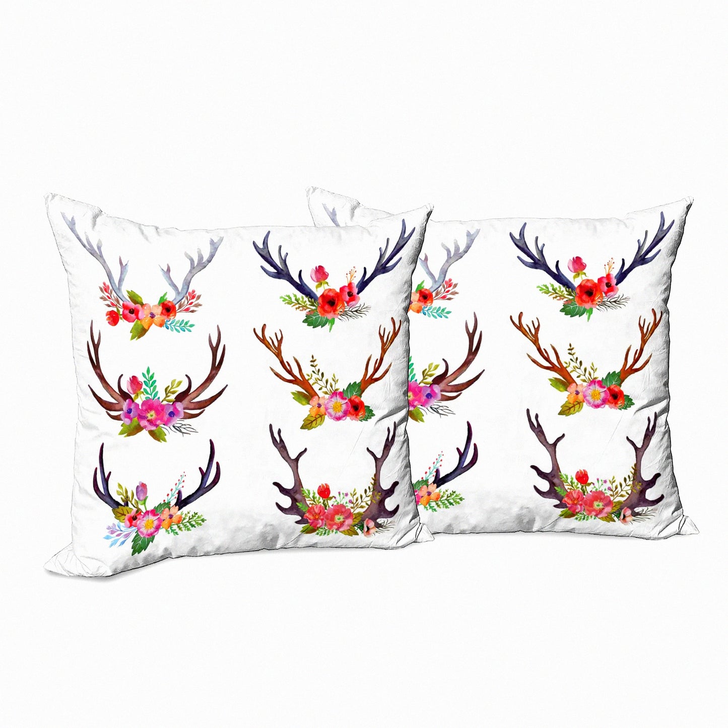 Springtime Antlers Decor Pillow Set - Deer Horns Bouquet Cushion Covers (Pack of 2) - Garden Branches Art Print - Zippered Double-Side Digital - 18" White Mauve