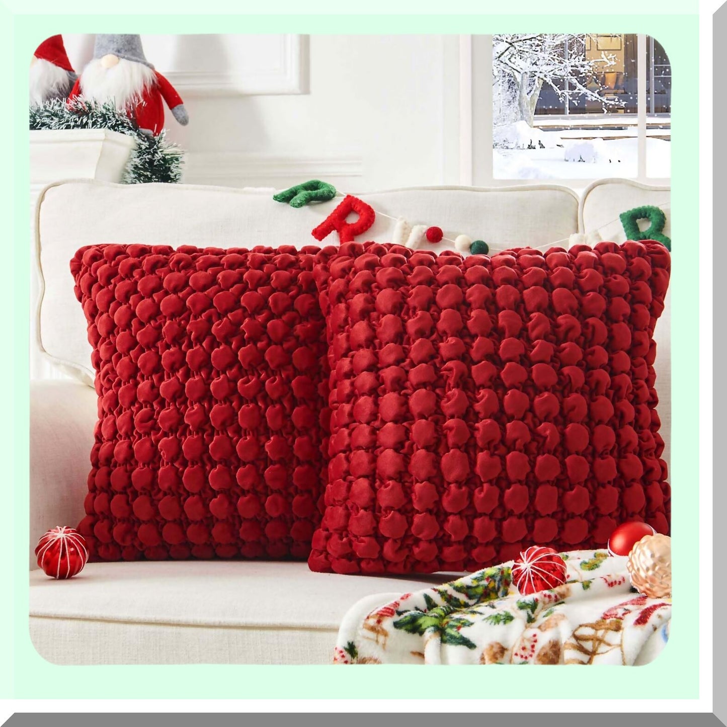 Bubble Texture Velvet Throw Pillow Covers - Set of 2 Red 18x18 Decorative Farmhouse Cushion Covers for Sofa Bed Living Room - Square Pillowcase