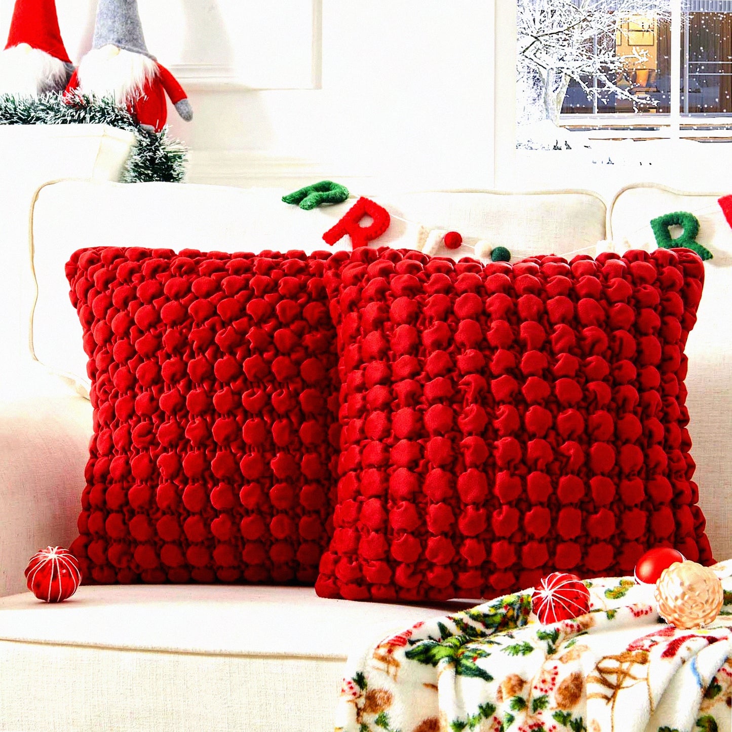 Bubble Texture Velvet Throw Pillow Covers - Set of 2 Red 18x18 Decorative Farmhouse Cushion Covers for Sofa Bed Living Room - Square Pillowcase