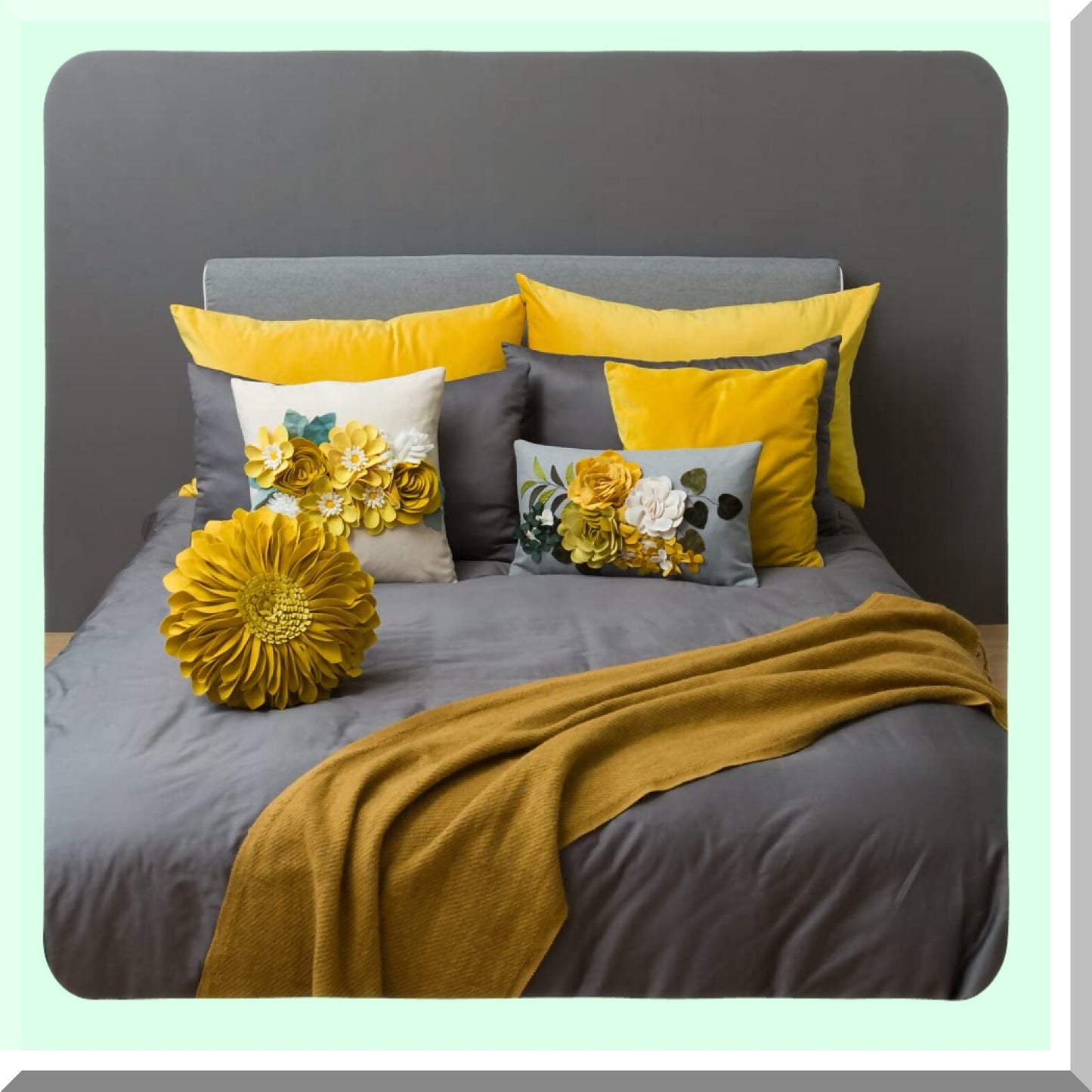 Floral Bloom 3D Accent Pillow Cover - Colorful Aesthetic Rectangle Cushion Case for Bed, Couch, Living Room & Bedroom - Grey Yellow 12x20 Inch