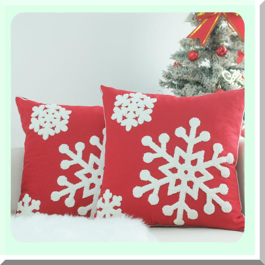 Snowflake Embroidery Holiday Pillow Covers - Set of 2 Red Cushion Cases for Couch Sofa Bedroom Car - Soft Decorative Pillowcases 20 x 20 Inch