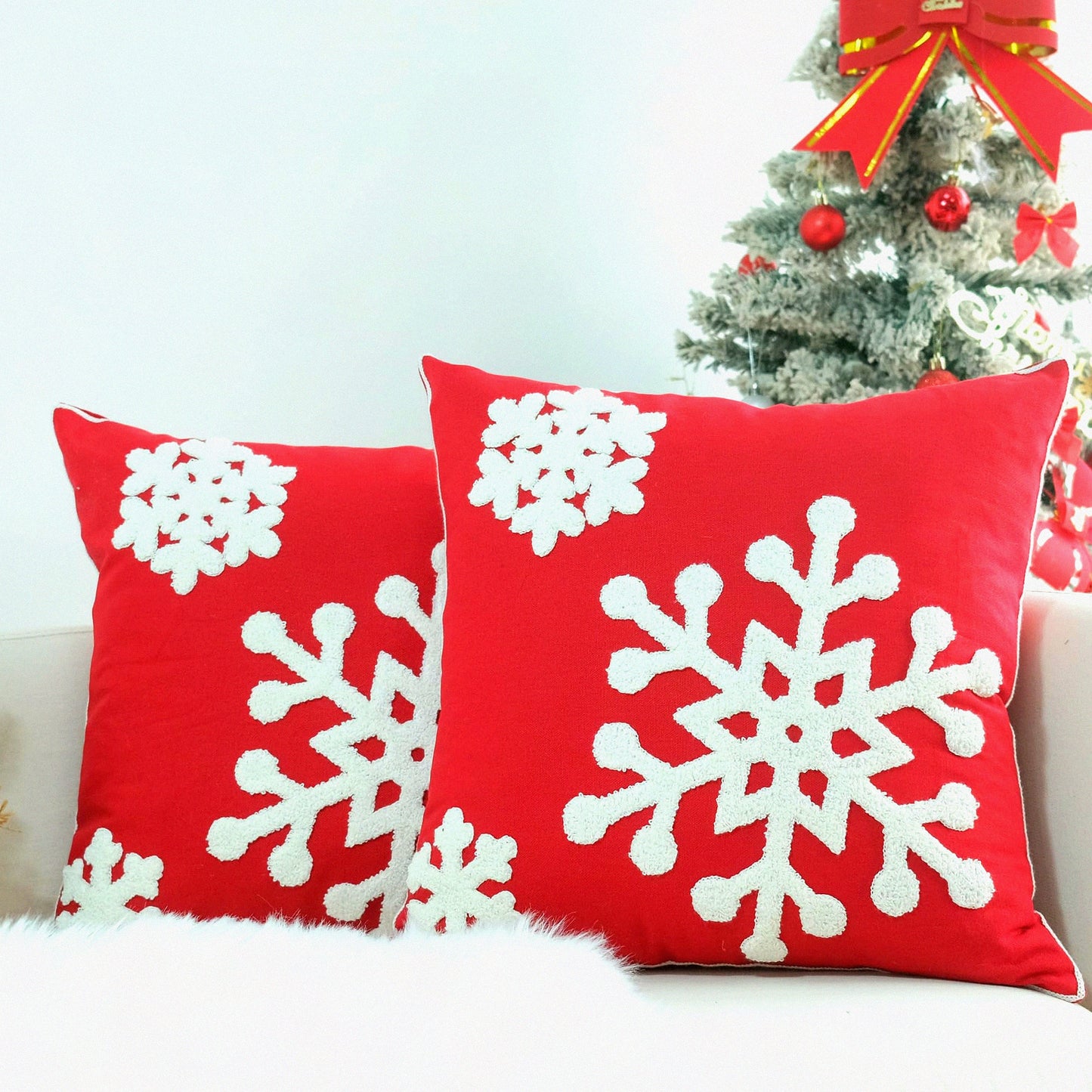 Snowflake Embroidery Holiday Pillow Covers - Set of 2 Red Cushion Cases for Couch Sofa Bedroom Car - Soft Decorative Pillowcases 20 x 20 Inch