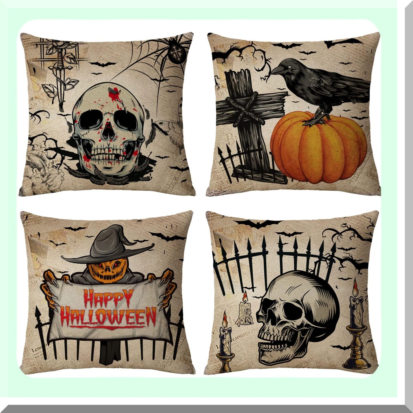 Vintage Halloween Pillow Covers Set - Skull Pumpkin Owl Crow Decorative Throw Pillow Cases - Home Outdoor Sofa Couch Cushion Covers - 12x12 Set of 4