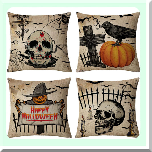 Vintage Halloween Pillow Covers Set - Skull Pumpkin Owl Crow Decorative Throw Pillow Cases - Home Outdoor Sofa Couch Cushion Covers - 12x12 Set of 4