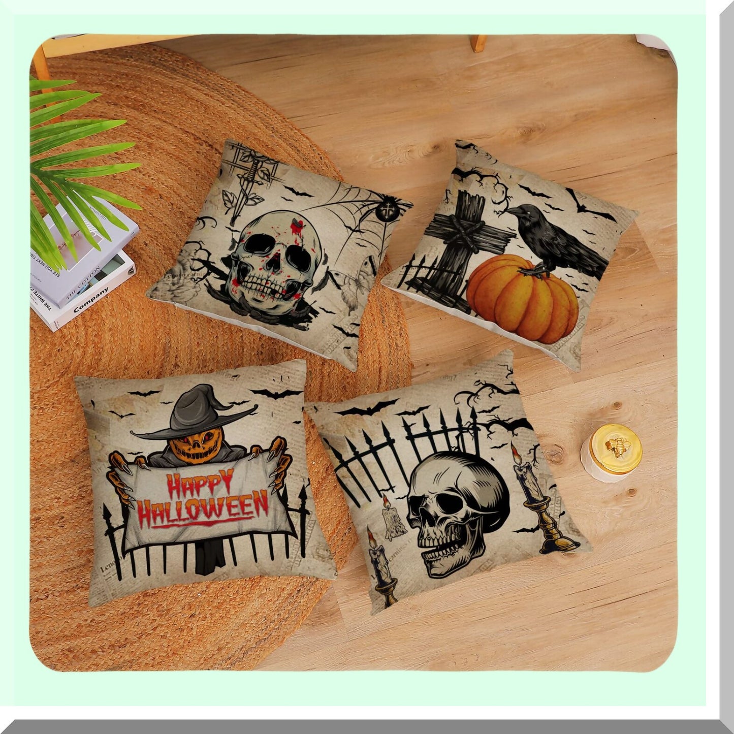Vintage Halloween Pillow Covers Set - Skull Pumpkin Owl Crow Decorative Throw Pillow Cases - Home Outdoor Sofa Couch Cushion Covers - 12x12 Set of 4