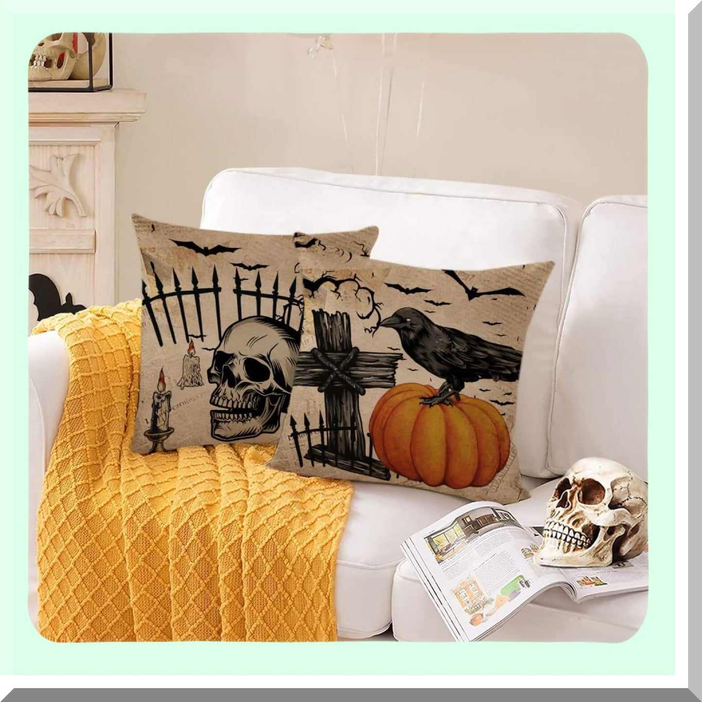 Vintage Halloween Pillow Covers Set - Skull Pumpkin Owl Crow Decorative Throw Pillow Cases - Home Outdoor Sofa Couch Cushion Covers - 12x12 Set of 4