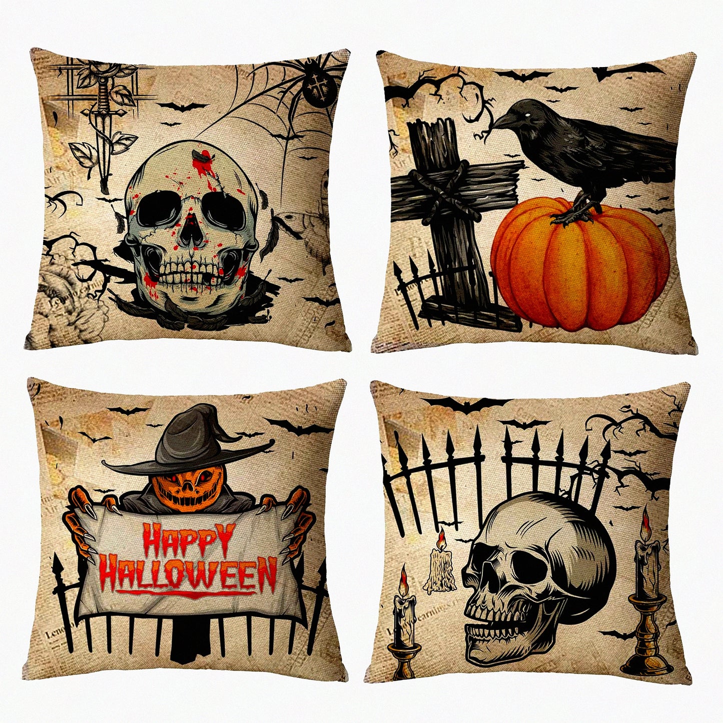 Vintage Halloween Pillow Covers Set - Skull Pumpkin Owl Crow Decorative Throw Pillow Cases - Home Outdoor Sofa Couch Cushion Covers - 12x12 Set of 4