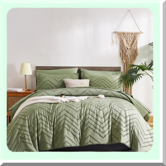 Chevron Sage Green Comforter Set - 7 Piece Bed in a Bag with Sheets, Tufted Boho Farmhouse Bedding, Shabby Chic Microfiber Comforter for All Seasons