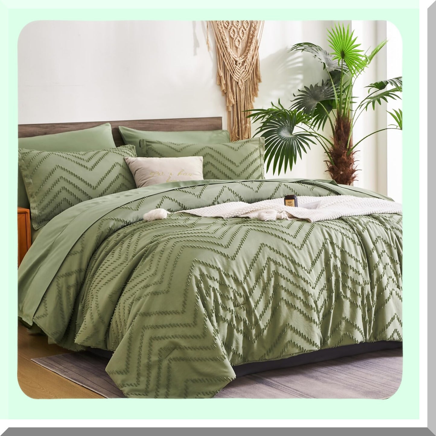 Chevron Sage Green Comforter Set - 7 Piece Bed in a Bag with Sheets, Tufted Boho Farmhouse Bedding, Shabby Chic Microfiber Comforter for All Seasons