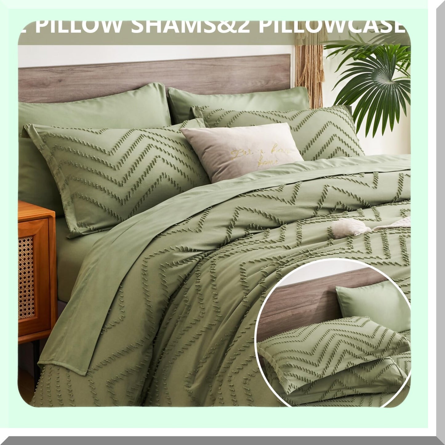 Chevron Sage Green Comforter Set - 7 Piece Bed in a Bag with Sheets, Tufted Boho Farmhouse Bedding, Shabby Chic Microfiber Comforter for All Seasons