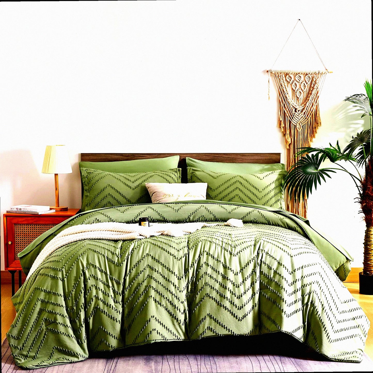 Chevron Sage Green Comforter Set - 7 Piece Bed in a Bag with Sheets, Tufted Boho Farmhouse Bedding, Shabby Chic Microfiber Comforter for All Seasons