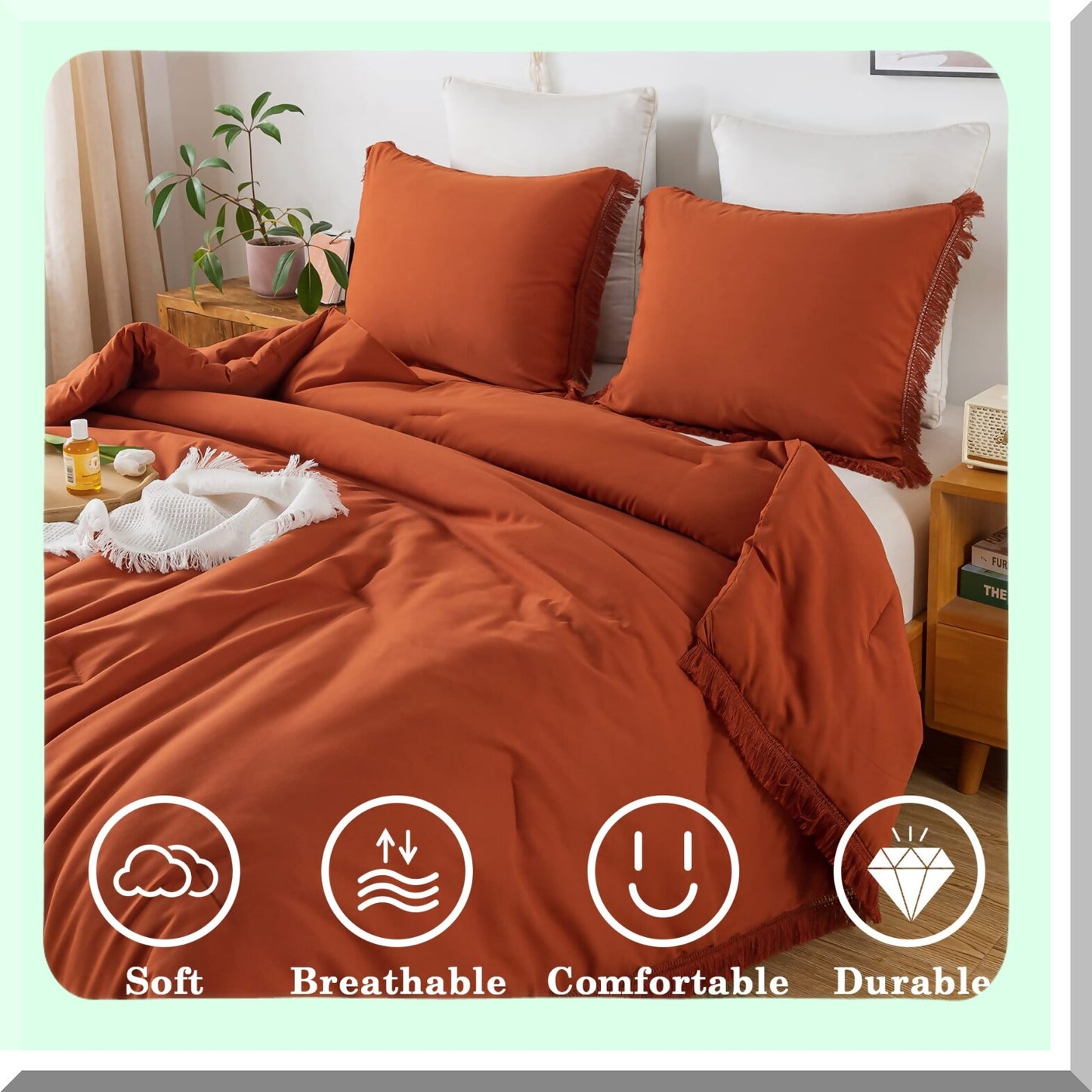 Terracotta Dream Comforter Set - Boho Burnt Orange Bedding - Lightweight All Season Bed Set - Soft Rust Tel Comforter - 3 Piece 104x90In Bed Set
