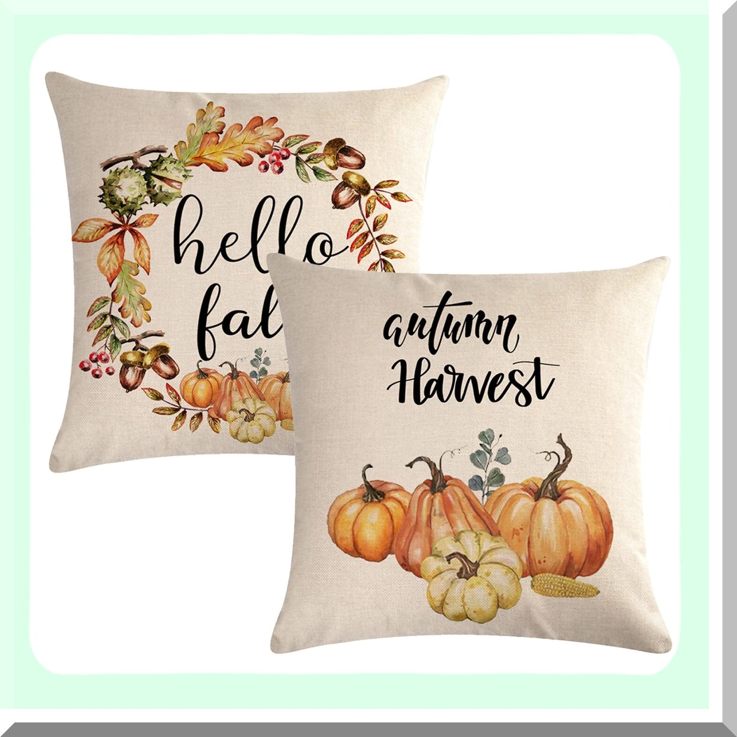 Autumn Harvest Pumpkin Pillow Covers - Set of 2 Farmhouse Decorative Cushion Cover for Sofa Couch Bed - Hello Fall Wreath Pillowcases 18" x 18"
