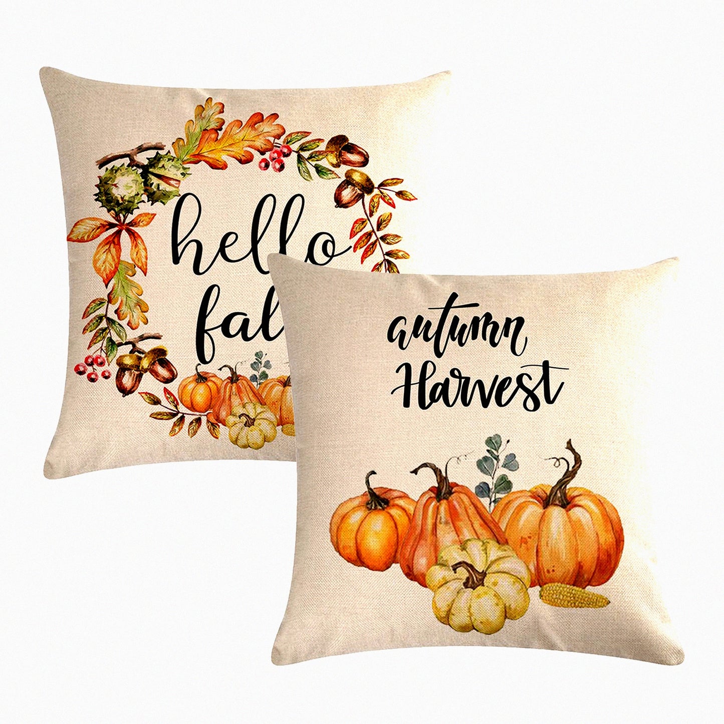 Autumn Harvest Pumpkin Pillow Covers - Set of 2 Farmhouse Decorative Cushion Cover for Sofa Couch Bed - Hello Fall Wreath Pillowcases 18" x 18"