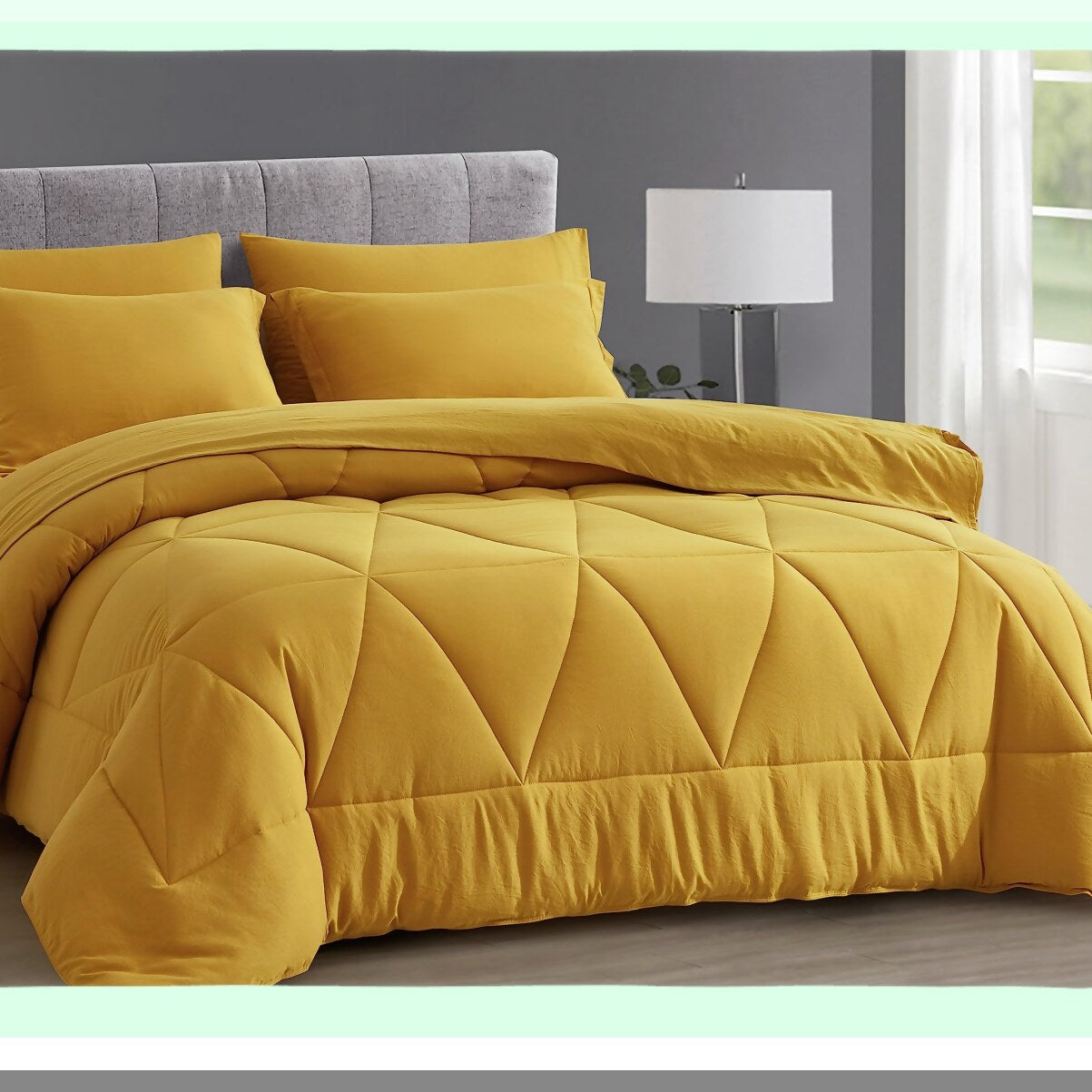 Geometric Sunburst 7-Piece Bedding Set - Mustard Yellow Full Size Comforter with Sheets, Lightweight All Season Quilted Microfiber Bed in a Bag