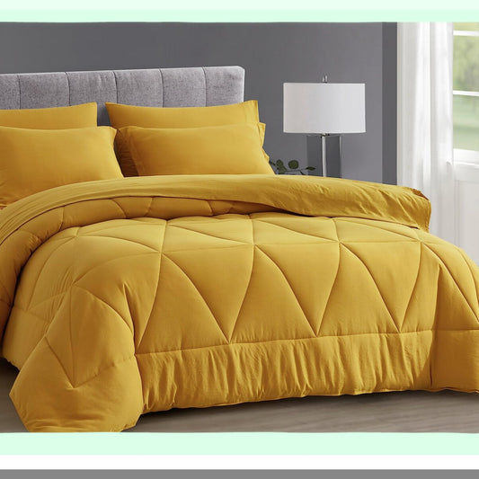 Geometric Sunburst 7-Piece Bedding Set - Mustard Yellow Full Size Comforter with Sheets, Lightweight All Season Quilted Microfiber Bed in a Bag