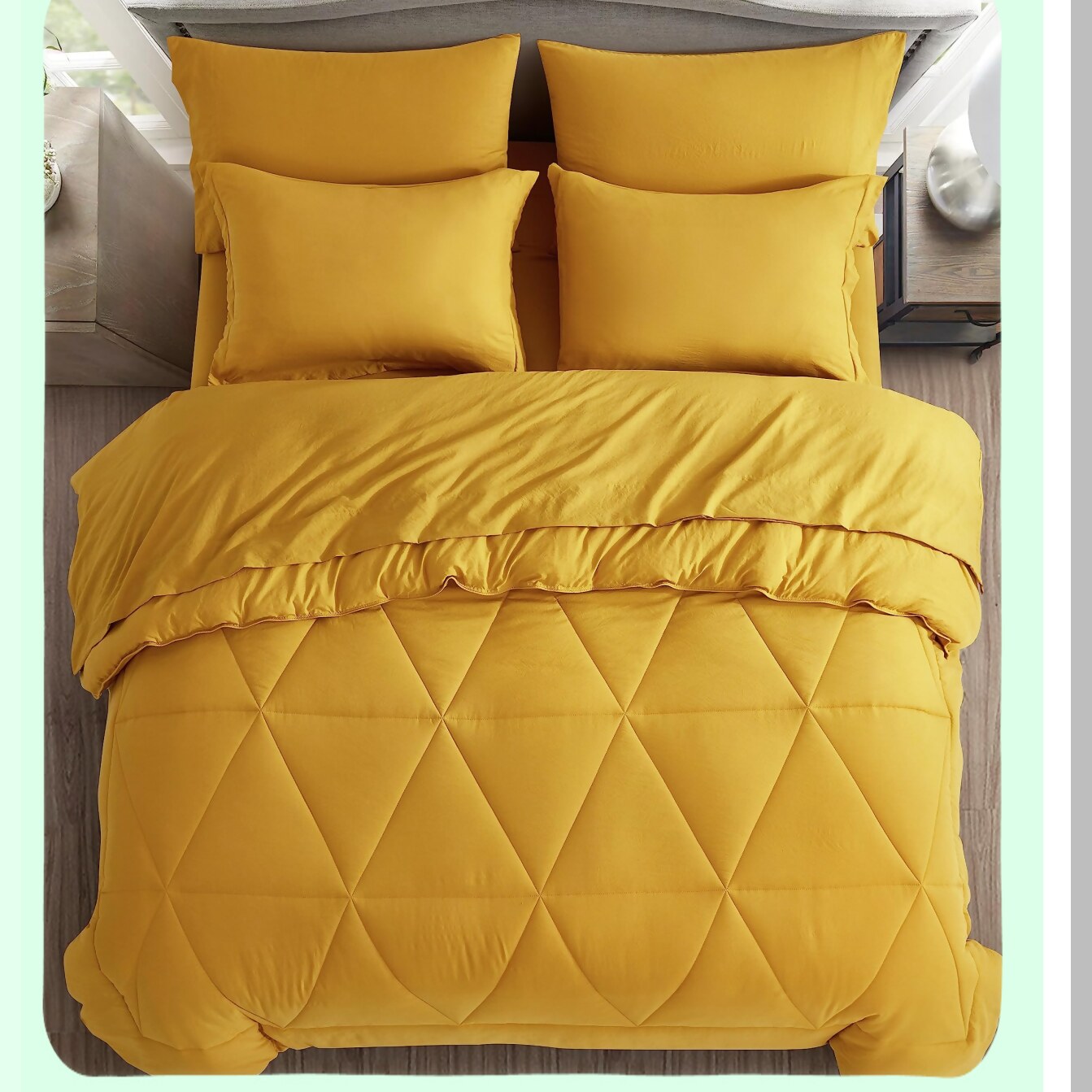 Geometric Sunburst 7-Piece Bedding Set - Mustard Yellow Full Size Comforter with Sheets, Lightweight All Season Quilted Microfiber Bed in a Bag