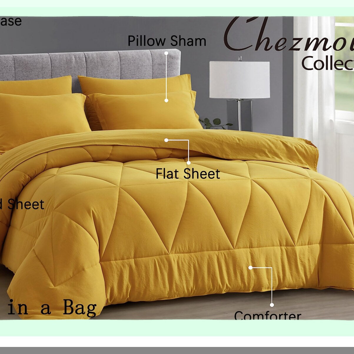 Geometric Sunburst 7-Piece Bedding Set - Mustard Yellow Full Size Comforter with Sheets, Lightweight All Season Quilted Microfiber Bed in a Bag