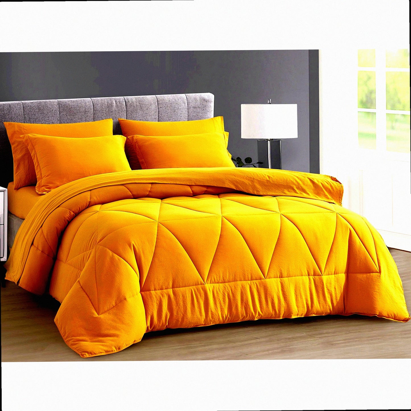 Geometric Sunburst 7-Piece Bedding Set - Mustard Yellow Full Size Comforter with Sheets, Lightweight All Season Quilted Microfiber Bed in a Bag