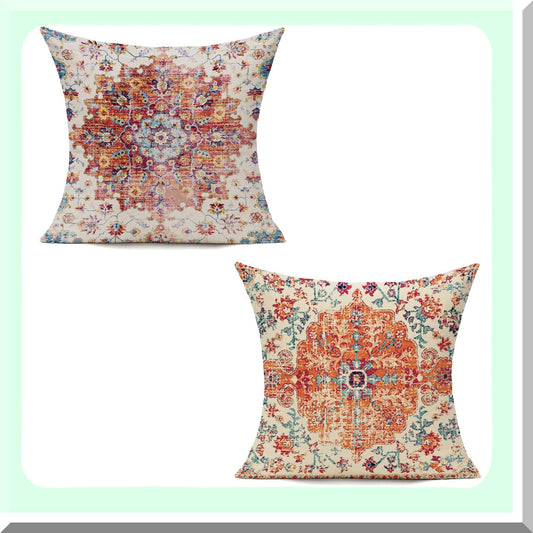 Rustic Farmhouse Boho Orange Pillow Covers - Set of 2 Decorative Cushion Cases for Living Room & Bedroom - Vintage Spring Home Decor 22x22