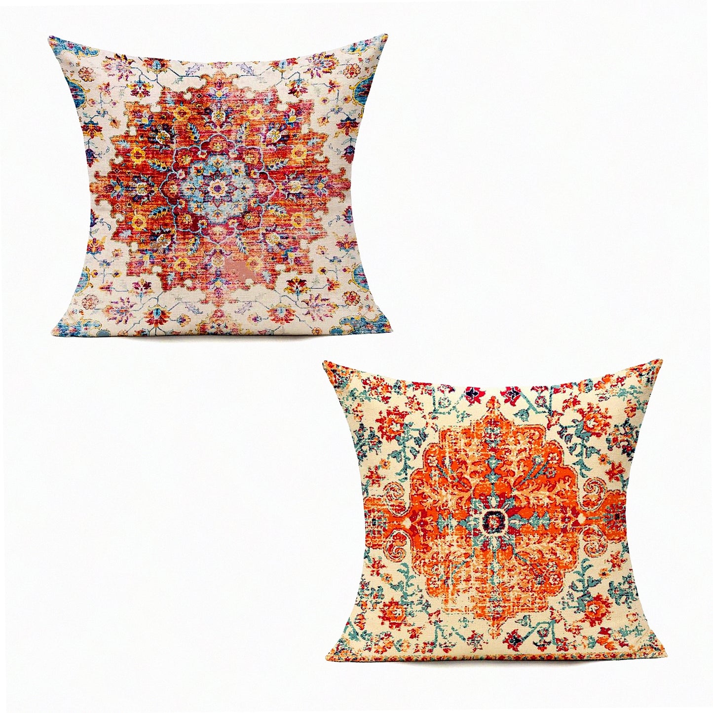 Rustic Farmhouse Boho Orange Pillow Covers - Set of 2 Decorative Cushion Cases for Living Room & Bedroom - Vintage Spring Home Decor 22x22