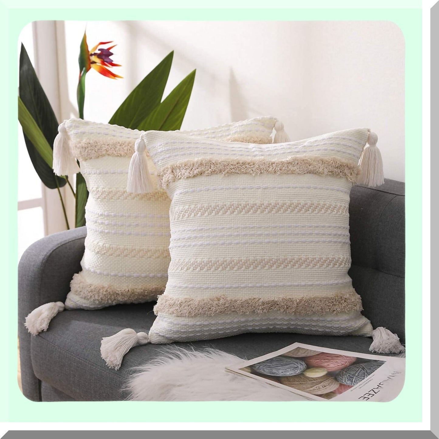Boho Chic Tufted Throw Pillowcase Set - Decorative Bohemian Cushion Cover for Sofa, Living Room, Bedroom - 18x18 Size - Set of 2