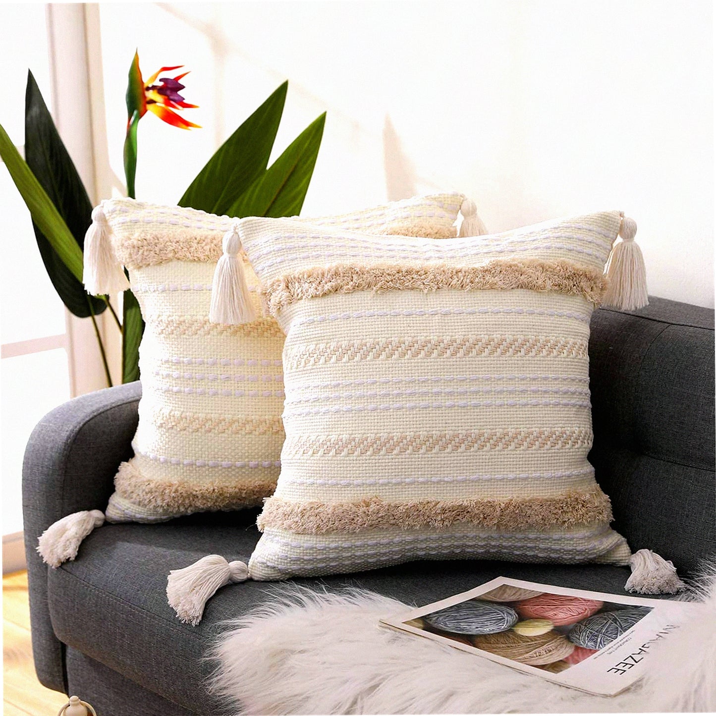 Boho Chic Tufted Throw Pillowcase Set - Decorative Bohemian Cushion Cover for Sofa, Living Room, Bedroom - 18x18 Size - Set of 2