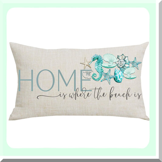 Beach Bliss Decorative Pillow Cover - Black Blue Word Art Home Summer Sofa Chair Bed Decoration, Cotton Linen Lumbar Pillowcase, Rectangular 12 x 20 Inches