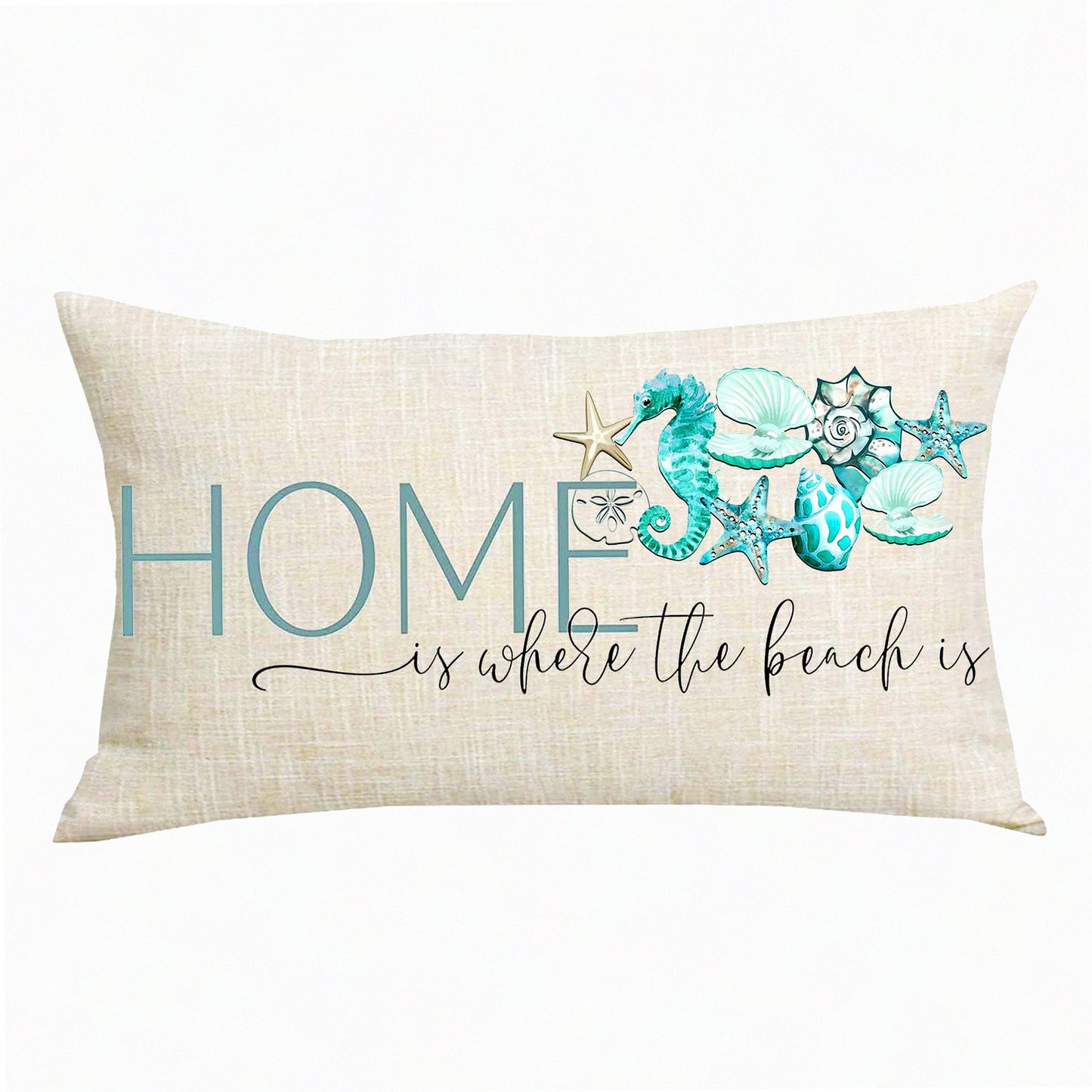 Beach Bliss Decorative Pillow Cover - Black Blue Word Art Home Summer Sofa Chair Bed Decoration, Cotton Linen Lumbar Pillowcase, Rectangular 12 x 20 Inches