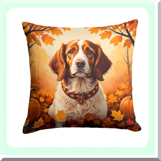 Fall Fido Fabric Pillow - Brittany Spaniel Decorative Cushion for Couch, Bed, Patio - Machine Washable Indoor Outdoor Pillow 14x14
