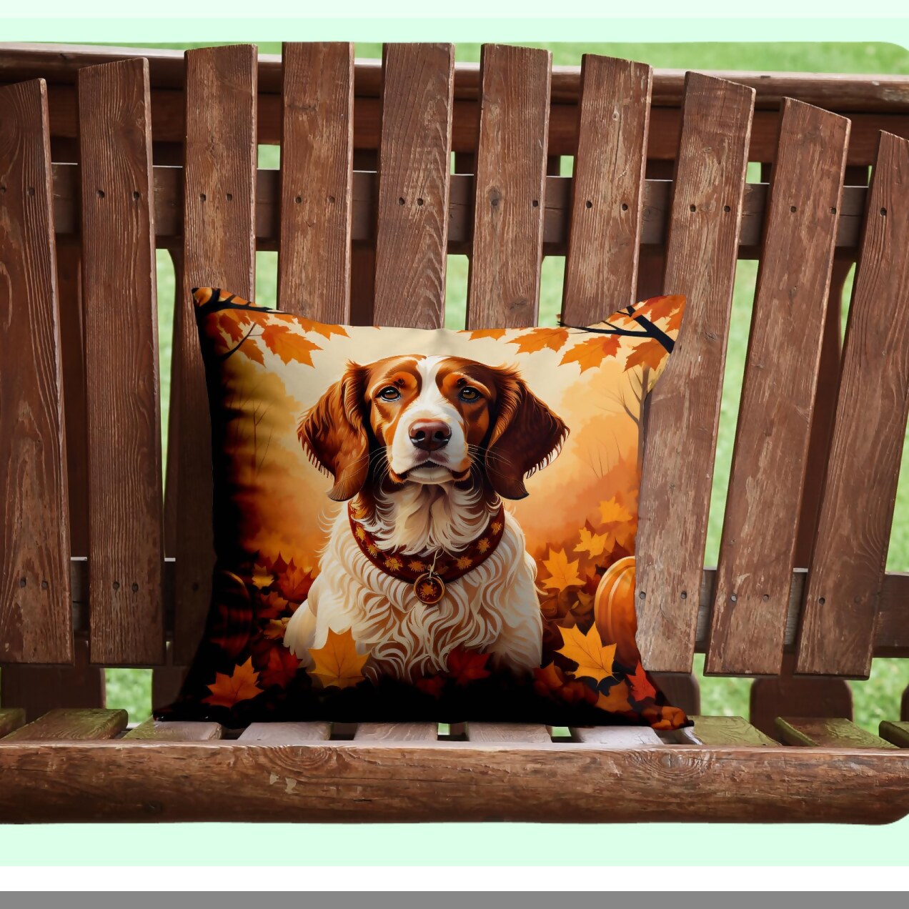 Fall Fido Fabric Pillow - Brittany Spaniel Decorative Cushion for Couch, Bed, Patio - Machine Washable Indoor Outdoor Pillow 14x14